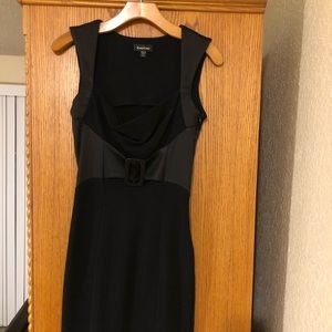 Black Bebe knee length fitted LBD leather trim